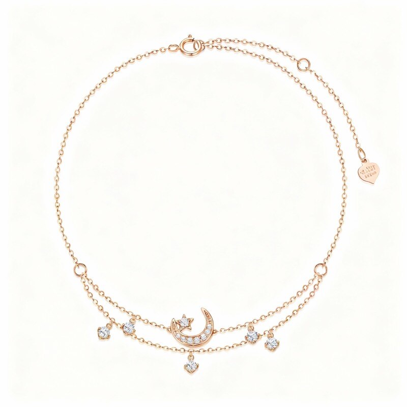 Tobillera con dije multicapa de luna y estrella en oro rosa de 10 quilates con circonitas cúbicas-1