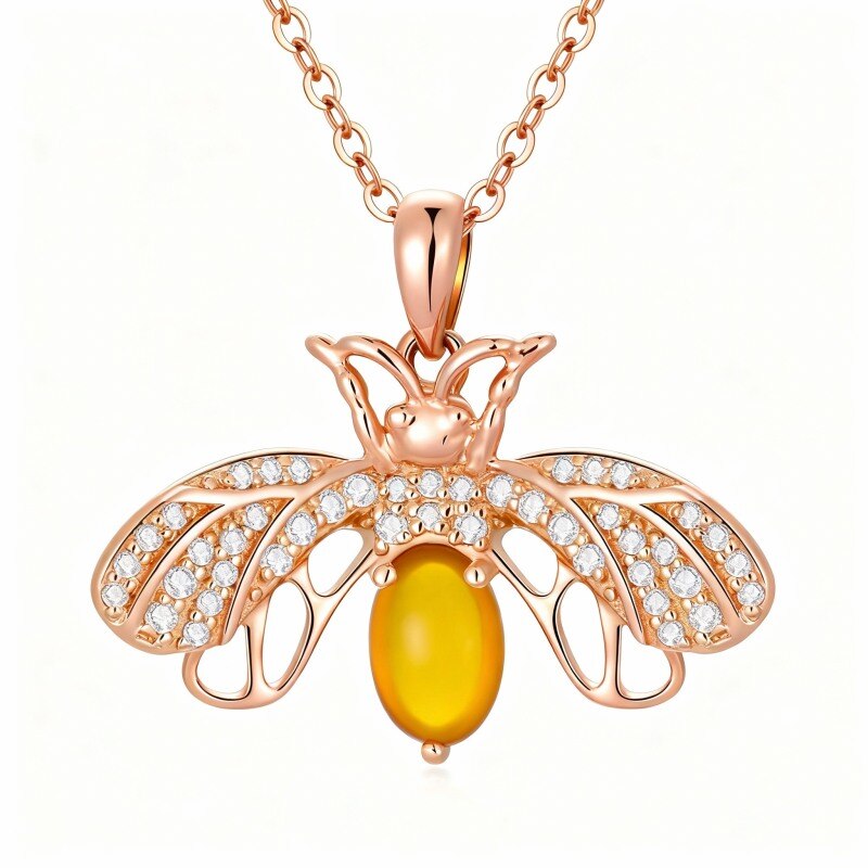 Halskette mit Bienenanhänger aus 10-karätigem Roségold mit Zirkonia und Mondstein-1