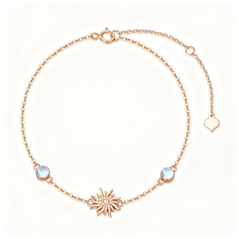 Pulsera con dije de girasol de oro rosa de 10 quilates, circonita cúbica y piedra lunar-1