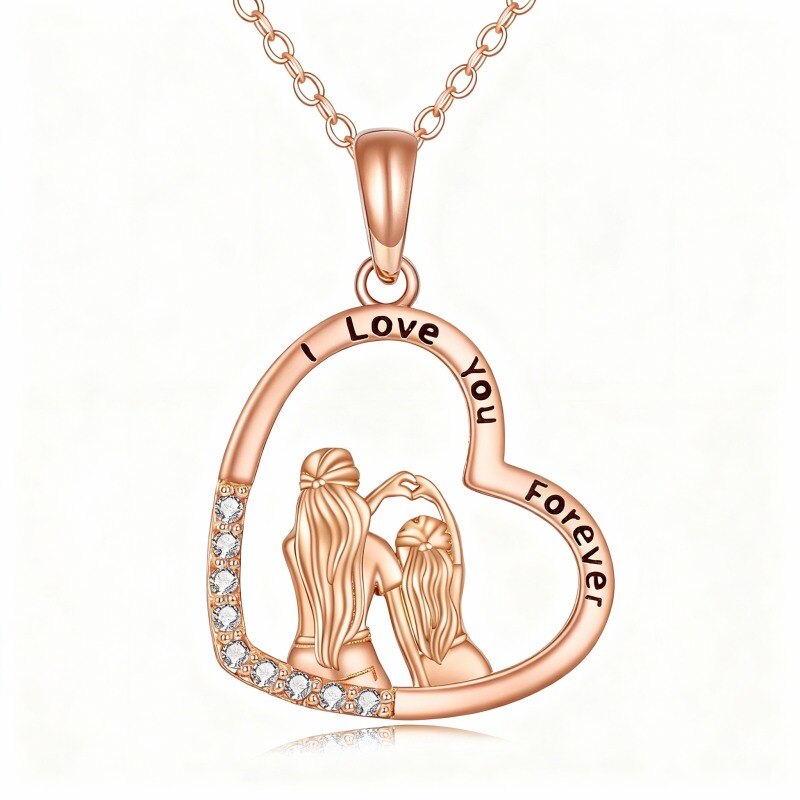 Collier pendentif en or rose 10 carats avec zircon cubique, motif mère et fille et cœur, et inscription gravée.-1
