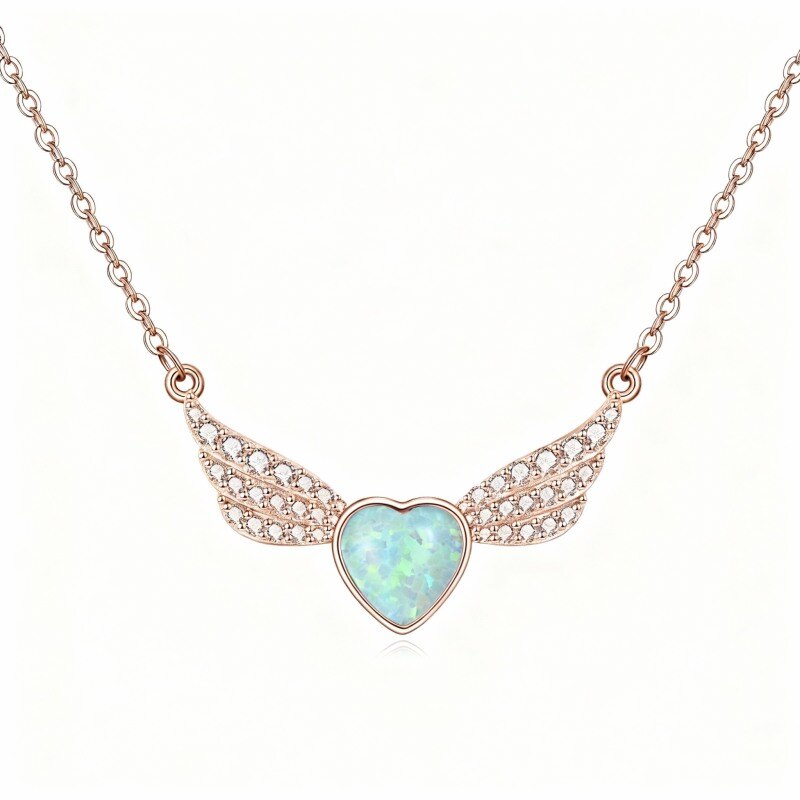 Collier pendentif aile d'ange en or rose 10 carats, zircon cubique et opale-1