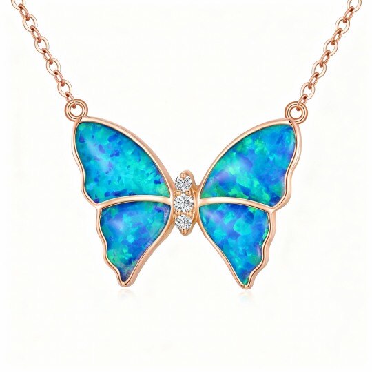 10K Rose Gold Cubic Zirconia & Opal Butterfly Pendant Necklace