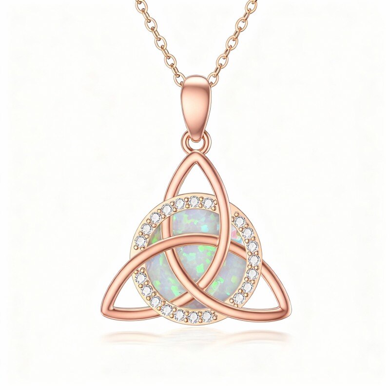 Collier pendentif nœud celtique en or rose 10 carats, zircon cubique et opale-1
