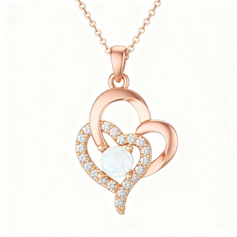 Collier pendentif cœur en or rose 18 carats, zircon cubique et opale-1