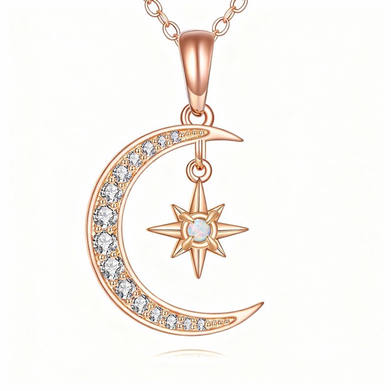 Halskette aus 18-karätigem Roségold mit Zirkonia und Opal-Anhänger in Mond- und Sternform-1