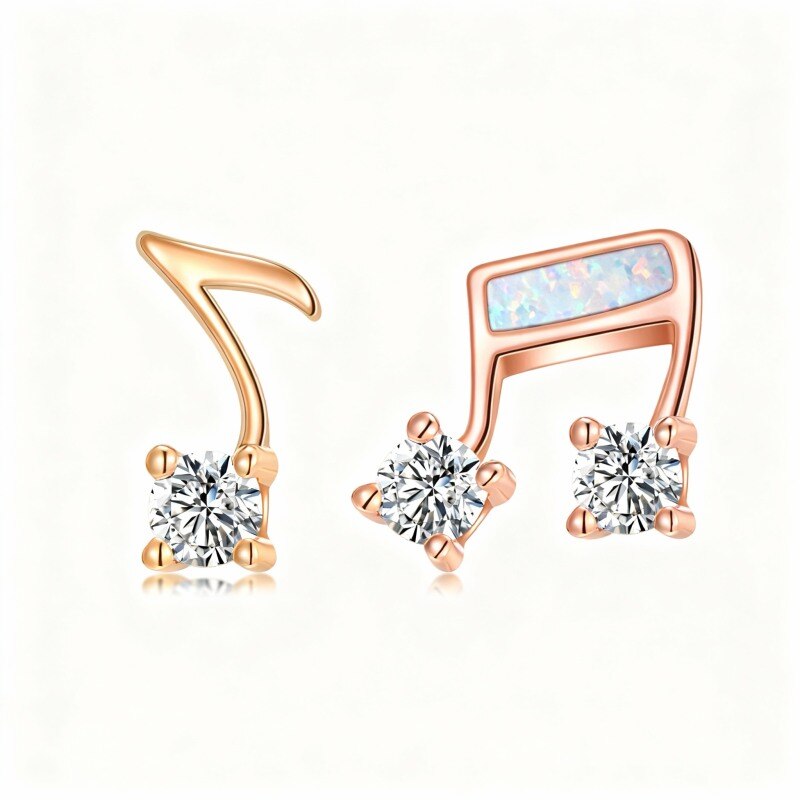 Pendientes de botón con símbolo musical en oro rosa de 10 quilates con circonitas cúbicas y ópalo-1