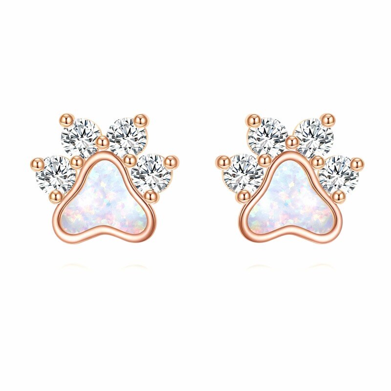 10K Rose Gold Cubic Zirconia & Opal Paw Stud Earrings-1