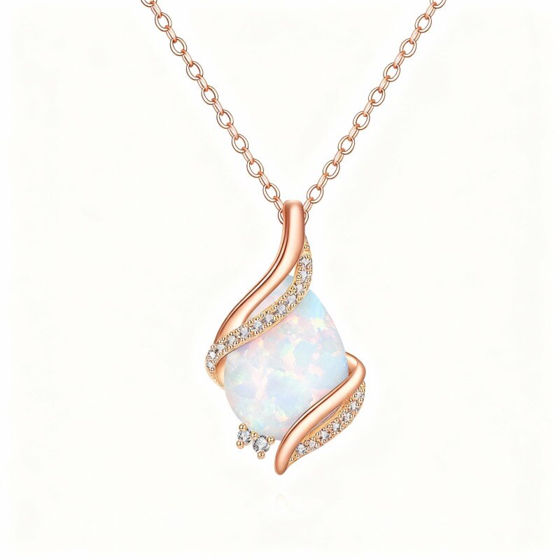 Collier pendentif en or rose 14 carats, zircon cubique et opale-1