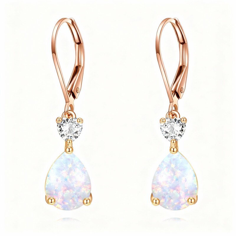 10K Rose Gold Cubic Zirconia & Opal Personalized Birthstone & Drop Shape & Heart Lever-back Earrings-1