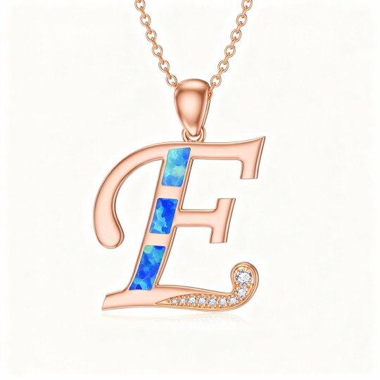 Collar con colgante personalizado de oro rosa de 10 quilates, circonita cúbica y ópalo con inicial y la inscripción 