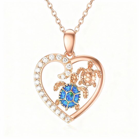 10K Rose Gold Cubic Zirconia & Opal Sea Turtle & Heart Pendant Necklace