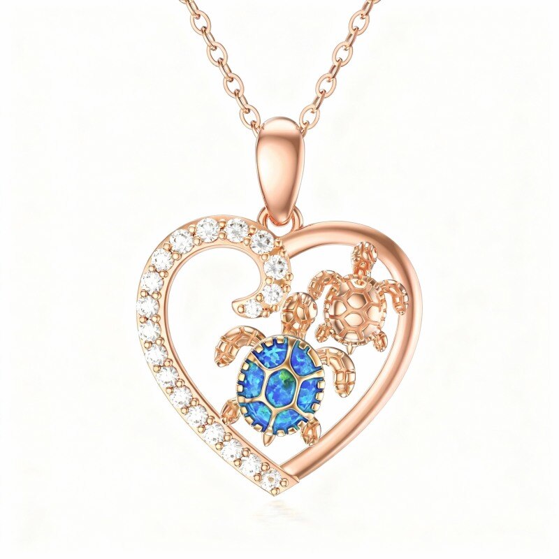 Halskette aus 10-karätigem Roségold mit Zirkonia und Opal, Anhänger mit Meeresschildkröte und Herz-19