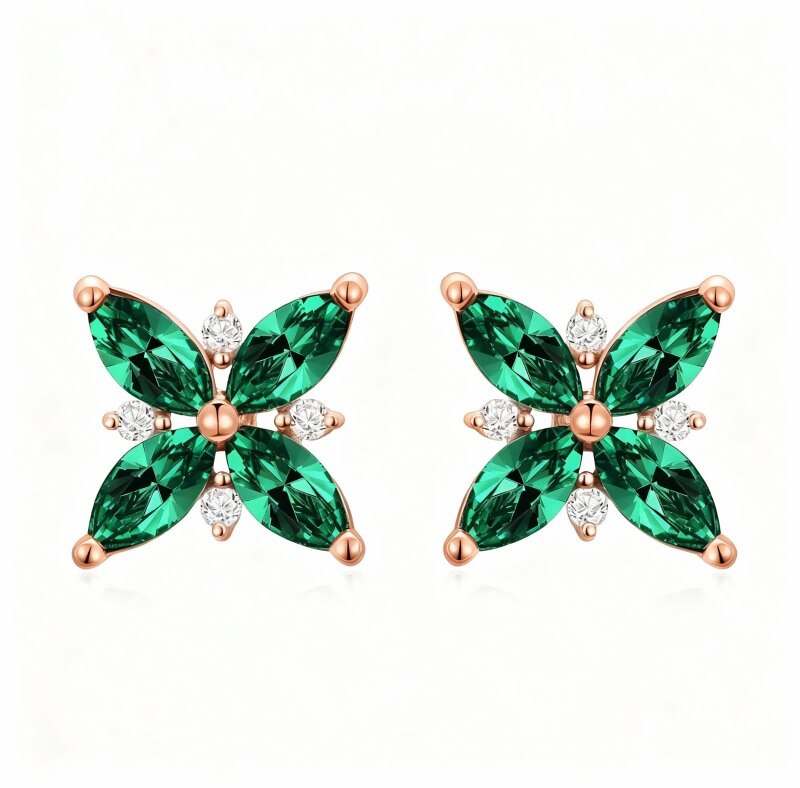 Pendientes de botón de orquídea con circonitas cúbicas en oro rosa de 18 quilates-1