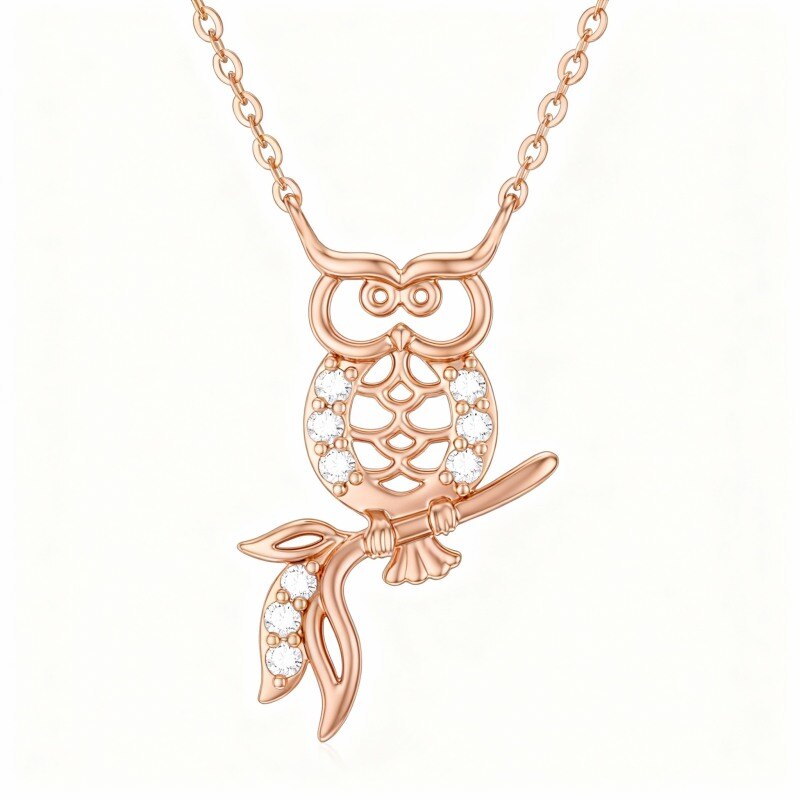 Colar com pendente de coruja em ouro rosa 18K e zircónias cúbicas-1