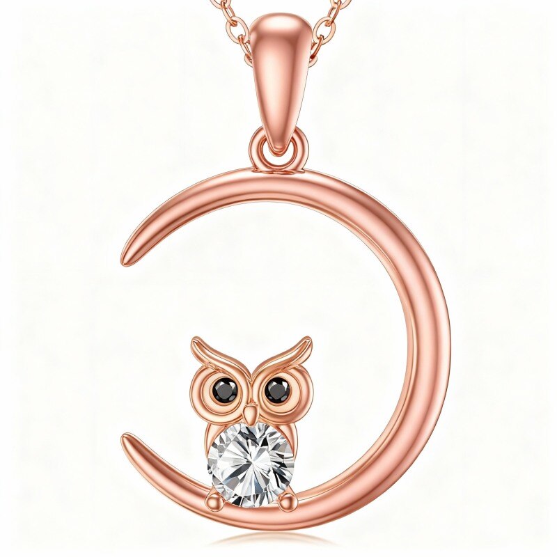 Collar con colgante de búho de circonita cúbica en oro rosa de 14 quilates-1