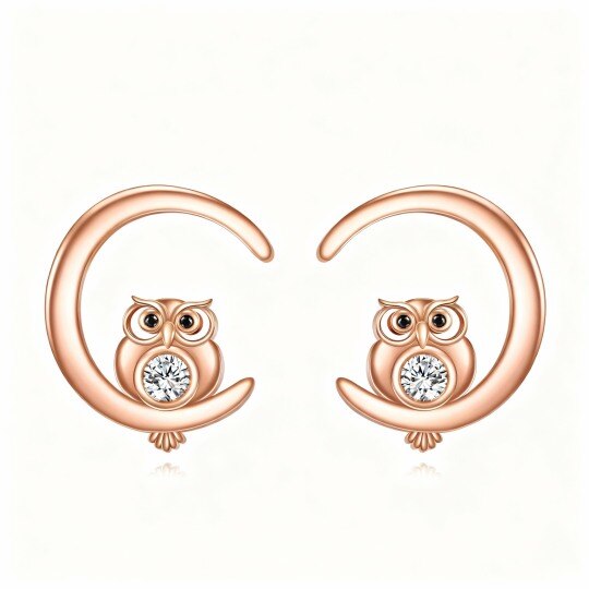 10K Rose Gold Cubic Zirconia Owl Stud Earrings