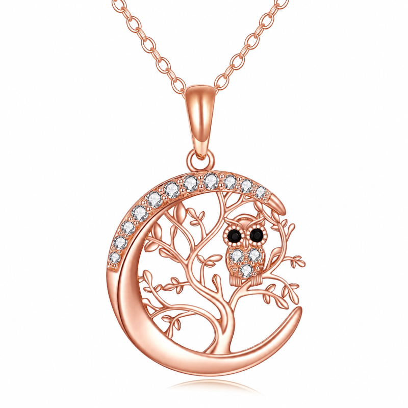 Collier pendentif hibou, arbre de vie et lune en or rose 14 carats et zircon cubique-1