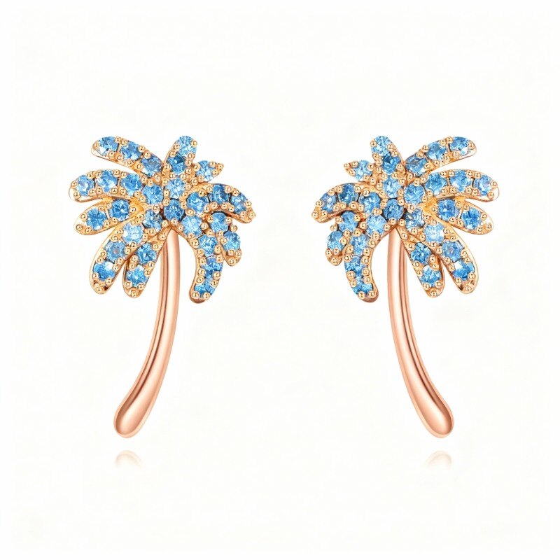 Pendientes de botón con forma de palmera en oro rosa de 14 quilates con circonitas cúbicas-1