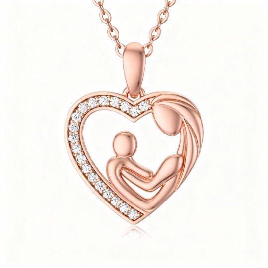 Collier pendentif en or rose 10 carats avec zircon cubique, représentant un cœur et symbolisant les parents et les enfants