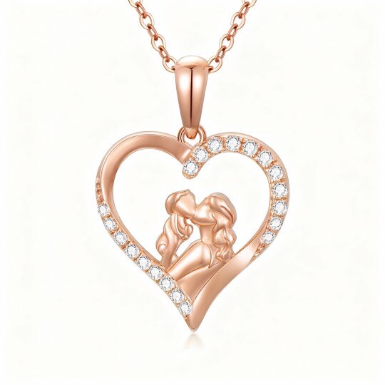 10K Rose Gold Cubic Zirconia Parents & Children & Heart Pendant Necklace