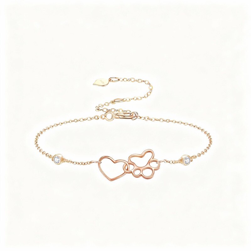 Pulseira com pendente de pata e coração em ouro rosa 10K com zircónias cúbicas-1