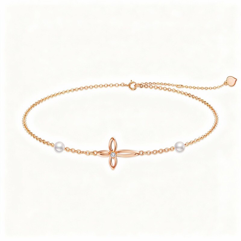 Bracelet à breloques croix en or rose 10 carats, zircon cubique et perle-1