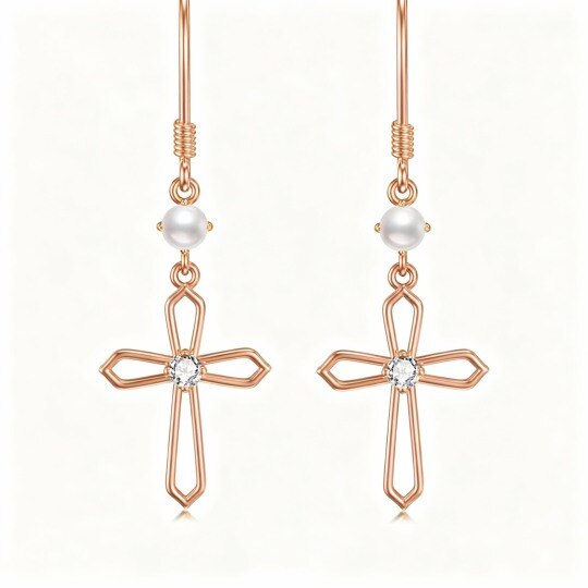 Boucles d'oreilles pendantes en forme de croix, or rose 10 carats, zircon cubique et perles