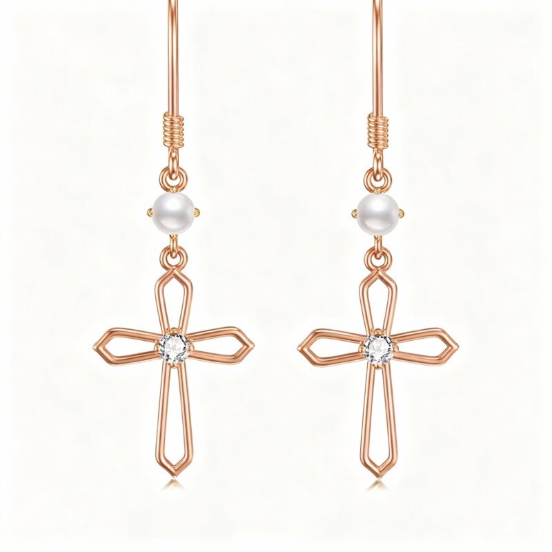 10K Rose Gold Cubic Zirconia & Pearl Cross Drop Earrings-1