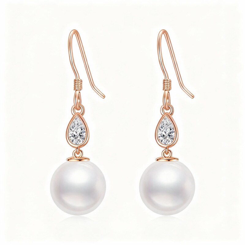 Pendientes colgantes de oro rosa de 10 quilates con circonitas cúbicas y perlas.-1