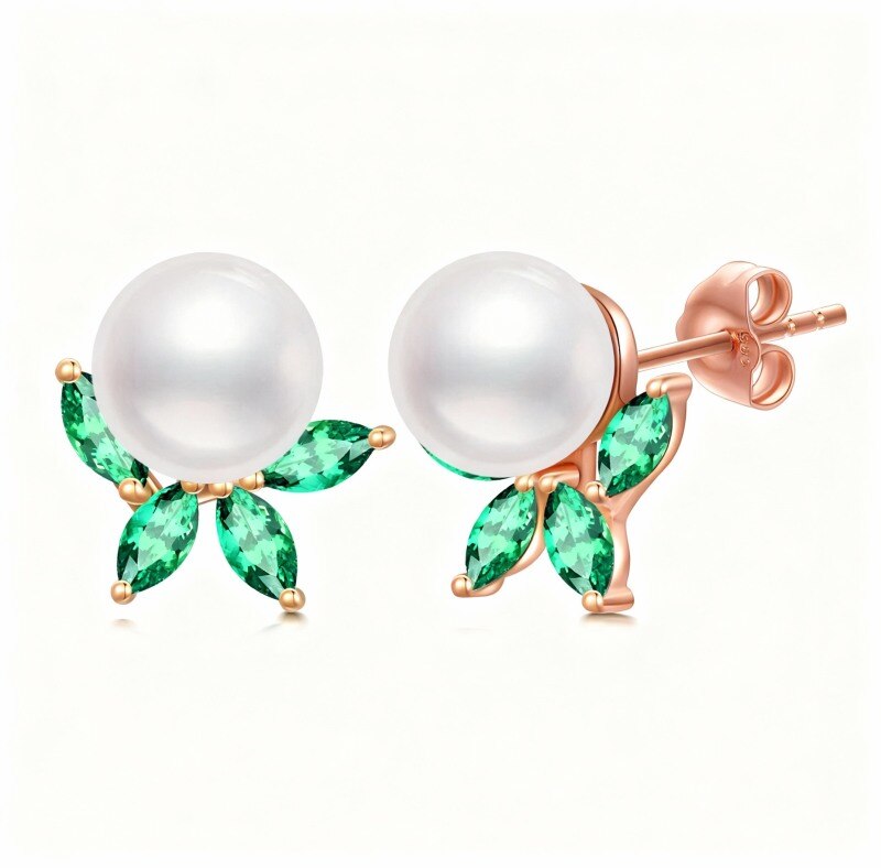 14K Rose Gold Cubic Zirconia & Pearl Leaves Stud Earrings-1