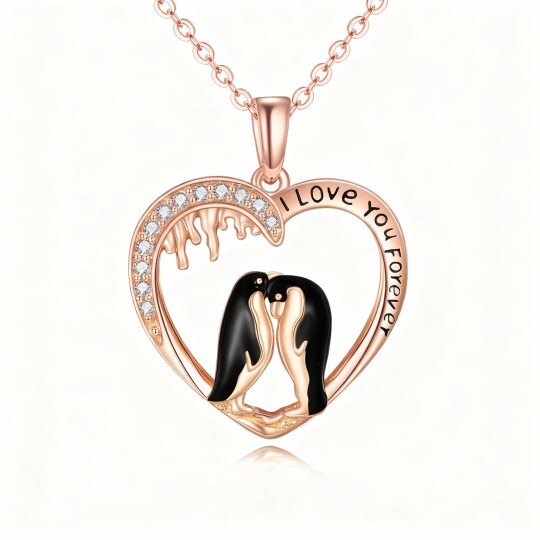 10K Rose Gold Cubic Zirconia Penguin & Heart Pendant Necklace