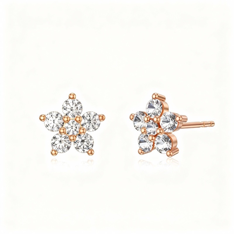 10K Rose Gold Cubic Zirconia Peony Flower Stud Earrings-1