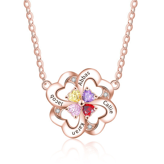 Collar con colgante de trébol de cuatro hojas grabado con piedra natal personalizada en oro rosa de 10 quilates y circonitas cúbicas para mujer