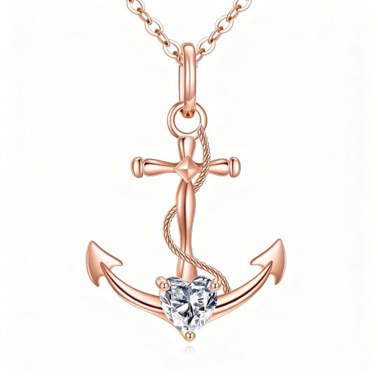 Personalisierte Halskette aus 10-karätigem Roségold mit Zirkonia, Geburtsstein, Anker und Kreuzanhänger