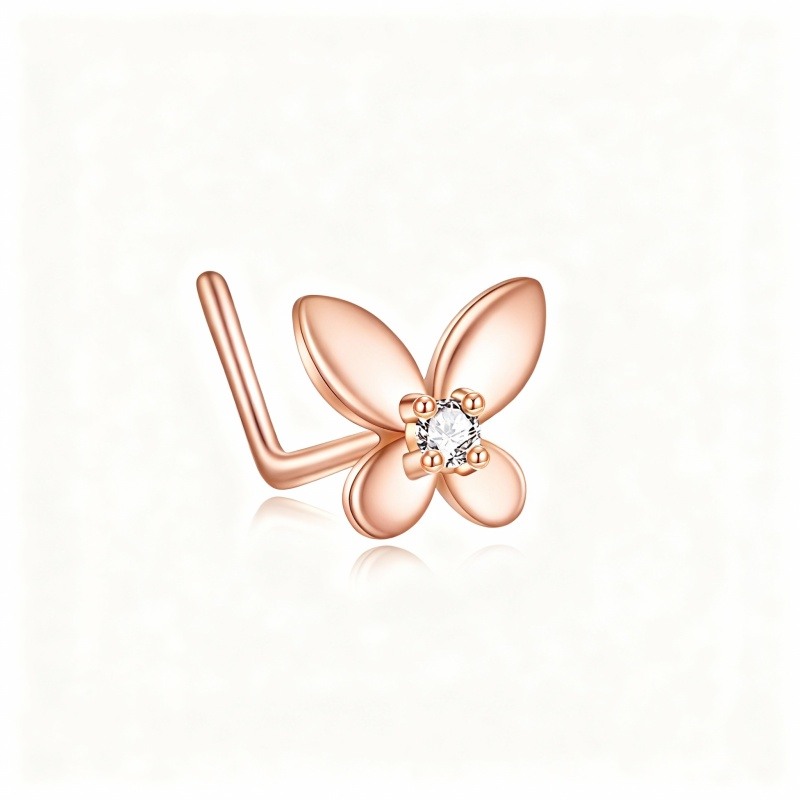 10K Rose Gold Cubic Zirconia & Personalized Birthstone Butterfly Nose Ring-11
