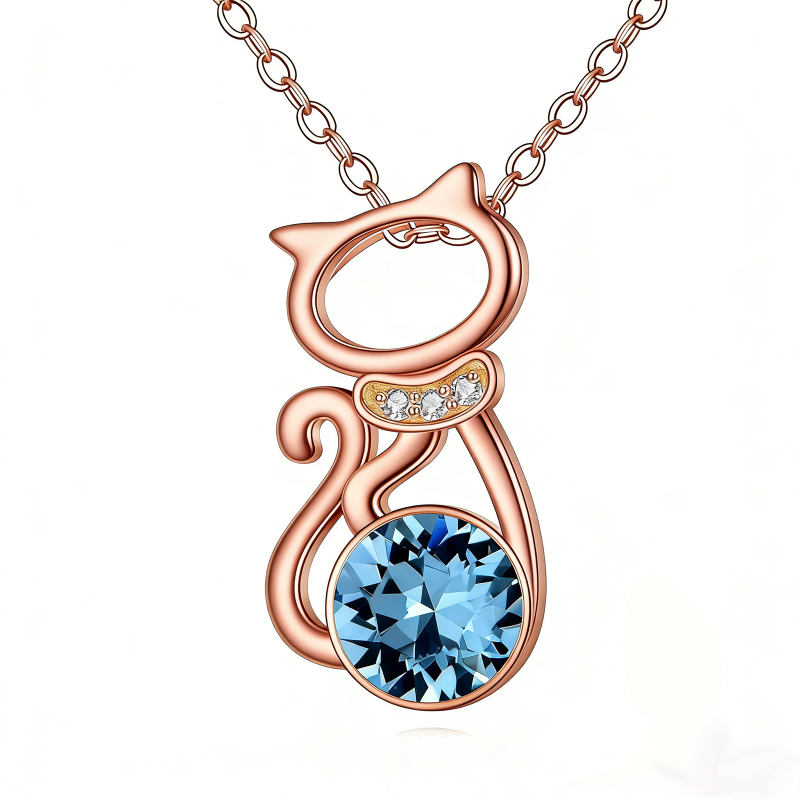 10K Rose Gold Cubic Zirconia & Personalized Birthstone Cat Pendant Necklace-11