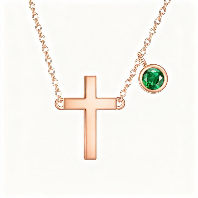 Personalisierte Geburtsstein- und Kreuzanhänger-Halskette aus 10-karätigem Roségold mit Zirkonia-1