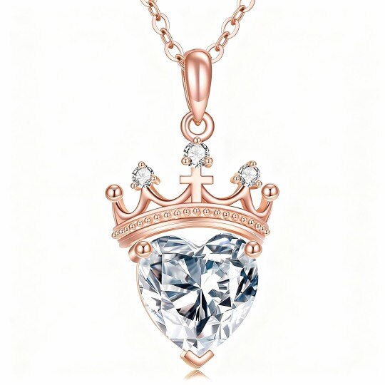 Collier pendentif personnalisé en or rose 10 carats avec zircon cubique, pierre de naissance, couronne et cœur
