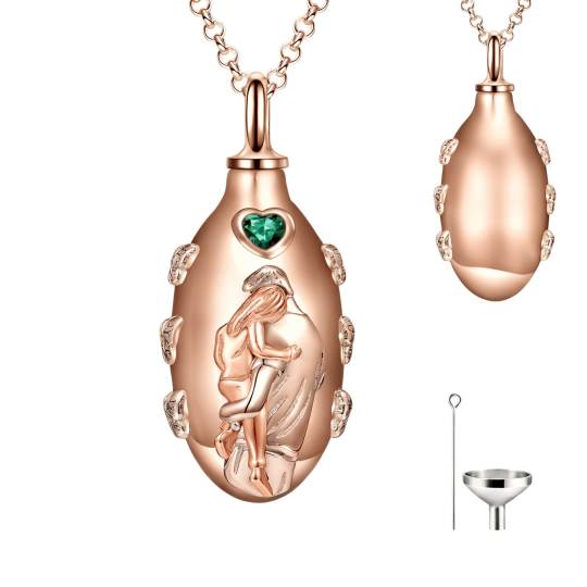 Collier urne funéraire en or rose 10 carats avec zircon cubique, pierre de naissance personnalisée et gravable, pour père et fille.