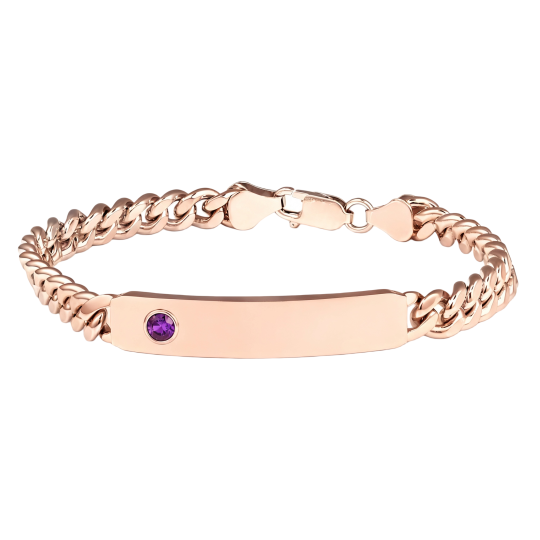 Pulsera para hombre de oro rosa de 18 quilates con circonita cúbica personalizada, piedra de nacimiento y grabado de identificación.