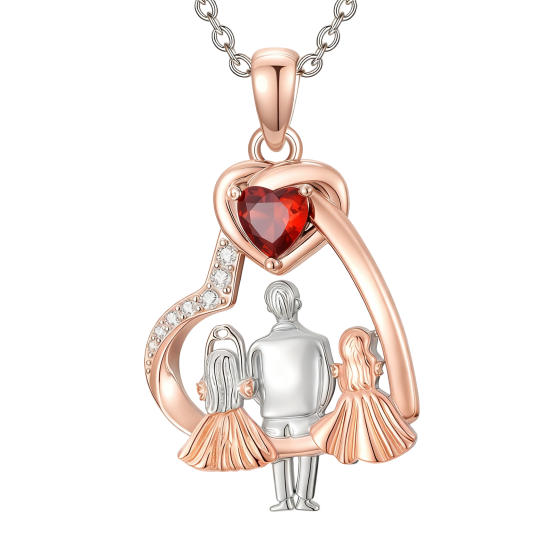 Collier pendentif personnalisé en or rose 10 carats avec zircon cubique, pierre de naissance, symbole père-fille et cœur, et message gravé.