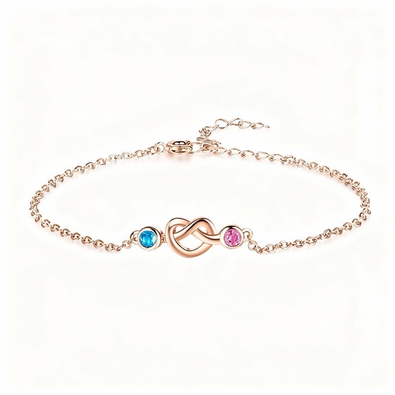 Bracelet personnalisé en or rose 14 carats avec zircon cubique, pierre de naissance et breloque cœur-1