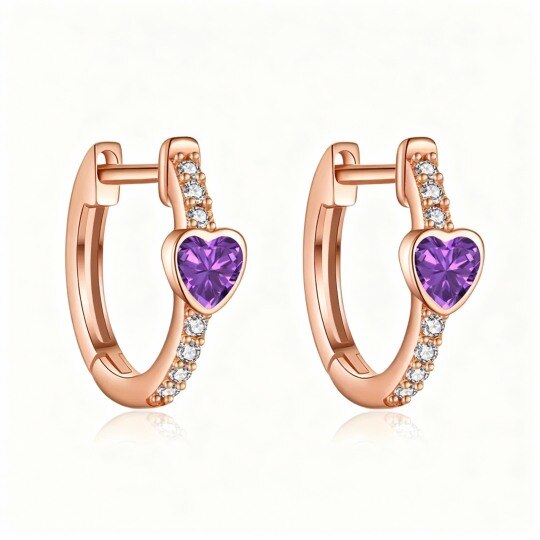 10K Rose Gold Cubic Zirconia Personalized Birthstone & Heart Hoop Earrings
