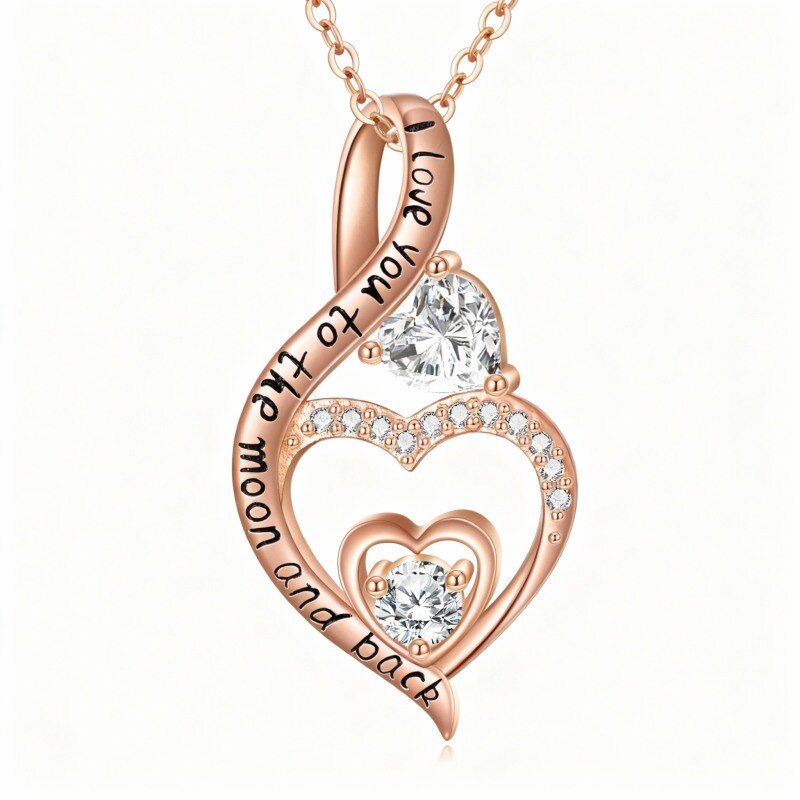 Collar con colgante personalizado de oro rosa de 14 quilates, circonita cúbica, piedra natal, corazón y símbolo de infinito con palabra grabada-1