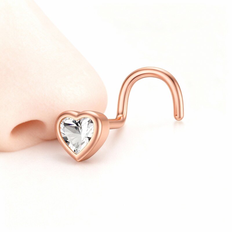 Piercing de nariz personalizado em ouro rosa 10K com zircónia cúbica, pedra de nascimento e coração-1