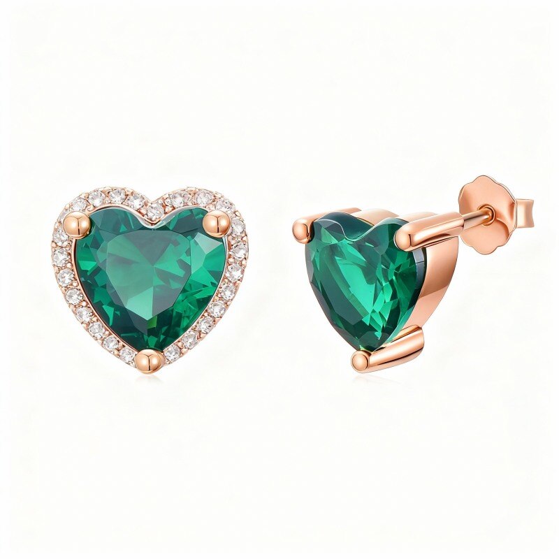 18K Rose Gold Cubic Zirconia Personalized Birthstone & Heart Stud Earrings-1