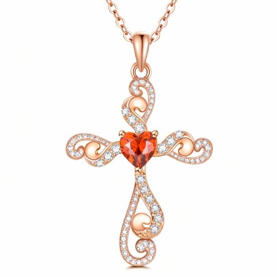 Collier pendentif en or rose 10 carats avec zircon cubique, pierre de naissance personnalisée, motif lierre, croix et cœur
