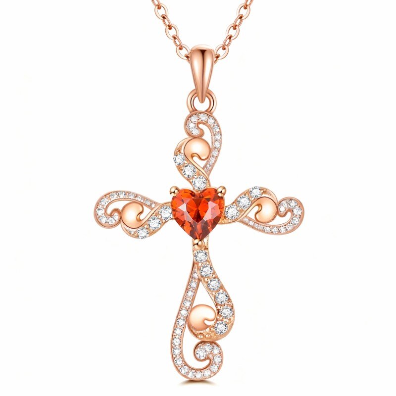 Halskette aus 14-karätigem Roségold mit Zirkonia und personalisiertem Geburtsstein, Anhänger in Form von Efeu, Kreuz und Herz-1