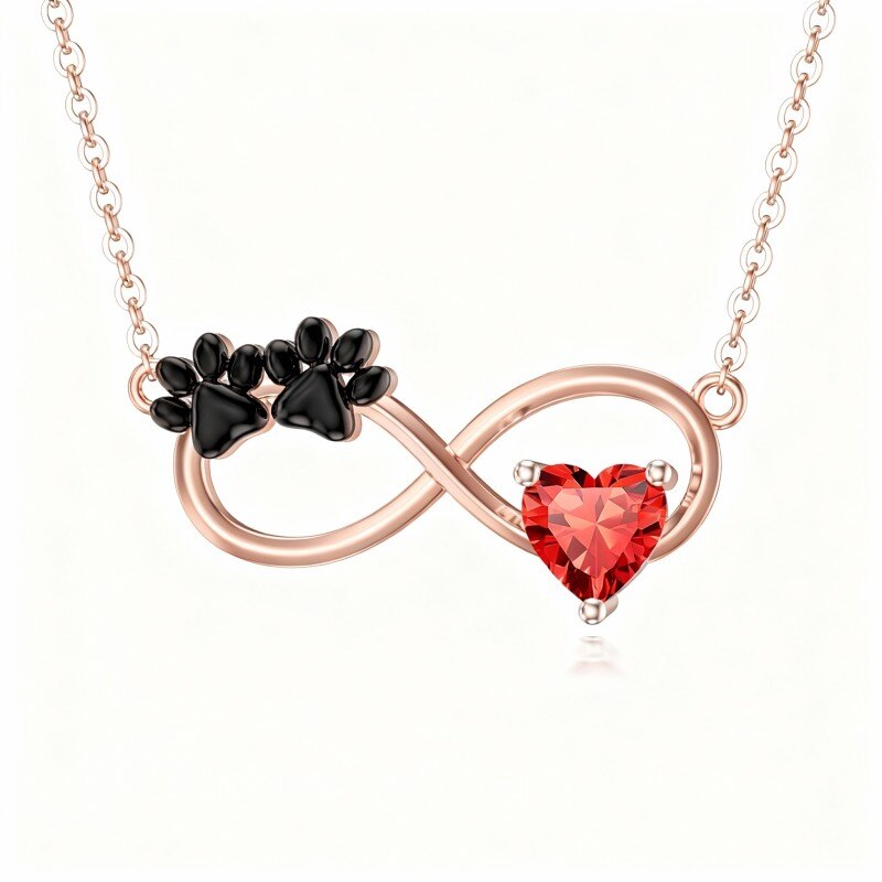9K Rose Gold Cubic Zirconia & Personalized Birthstone Paw & Heart & Infinity Symbol Pendant Necklace-1