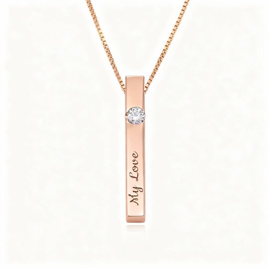 10K Rose Gold Cubic Zirconia Personalized Birthstone & Personalized Classic Name Bar Necklace